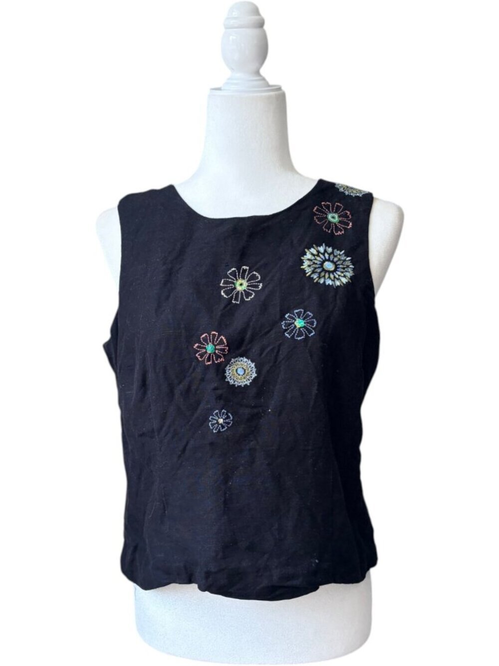 Vintage 90s Embroidered Floral Linen Tank Top Black Sleeveless Blouse Size 10 - Picture 3 of 10